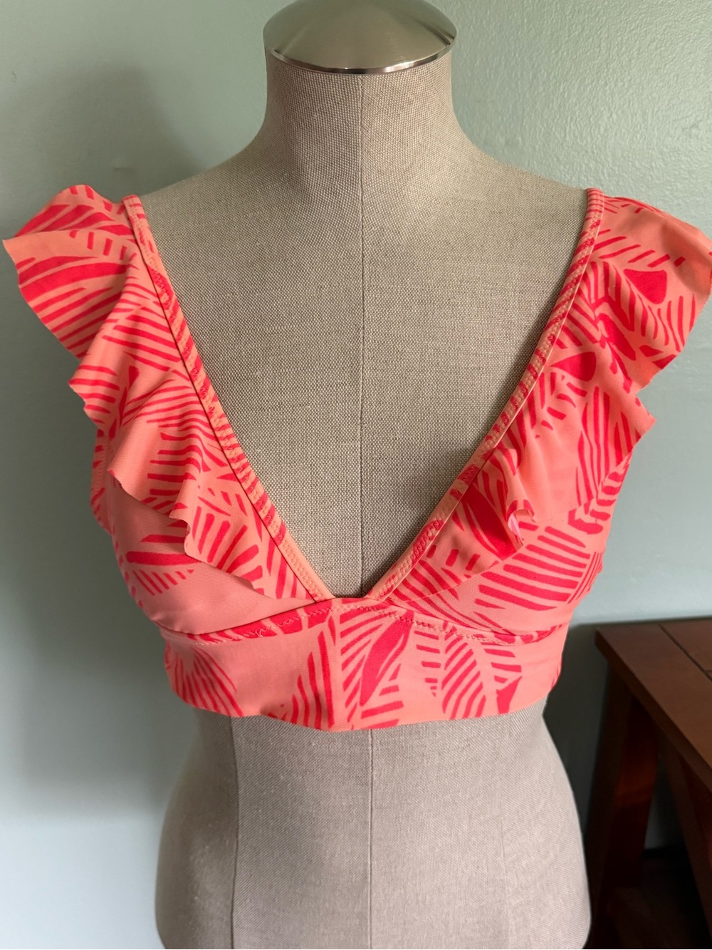 Aerie Neon Orange Pink Ruffle Triangle Swimsuit Top Size Small